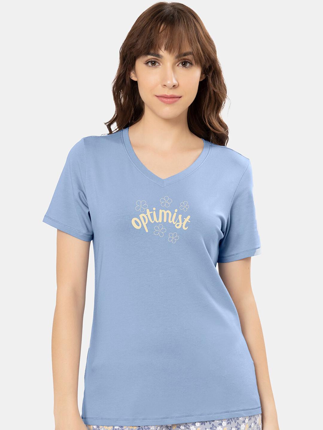 Amante Solid Half Sleeves V-Neck Lounge Tshirt