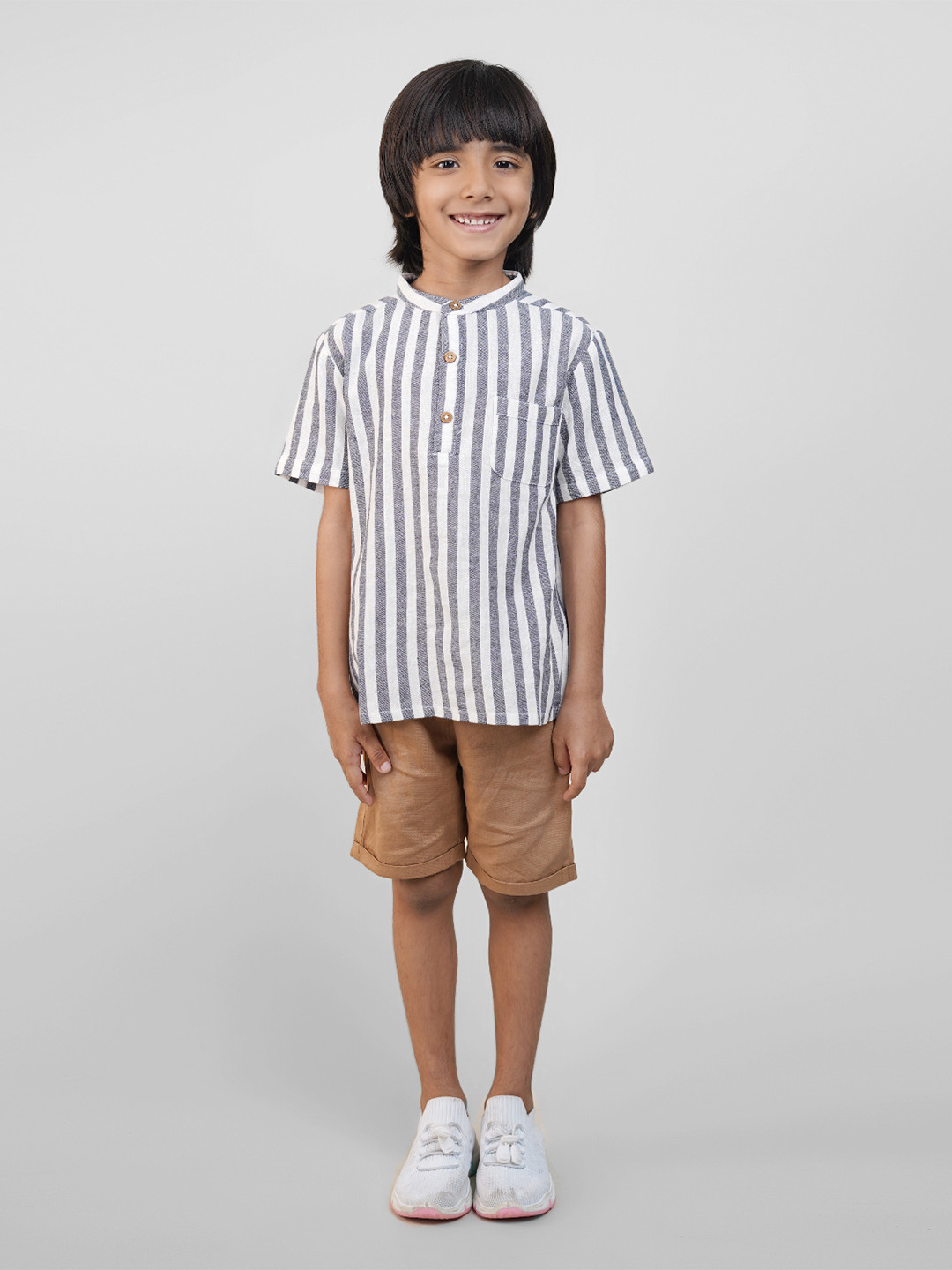 Biglilpeople Boys Striped Mandarin Collar Cotton Linen Shirt With Shorts