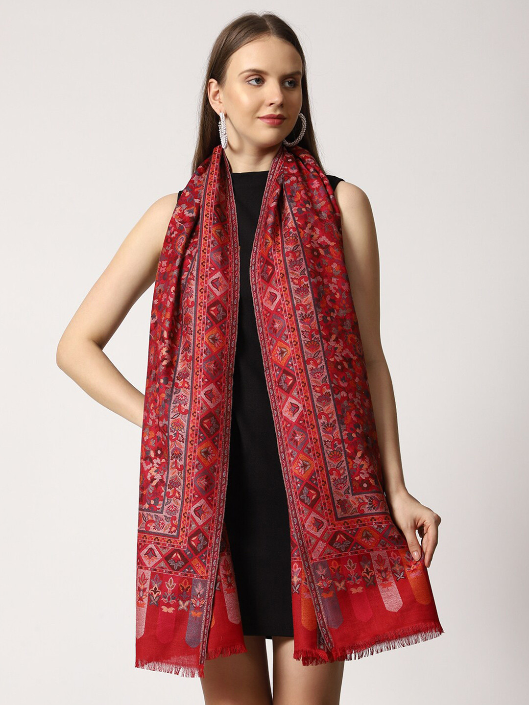 SWI Stylish Ethnic Motifs Woven Design Woolen With Fringed Border Stole