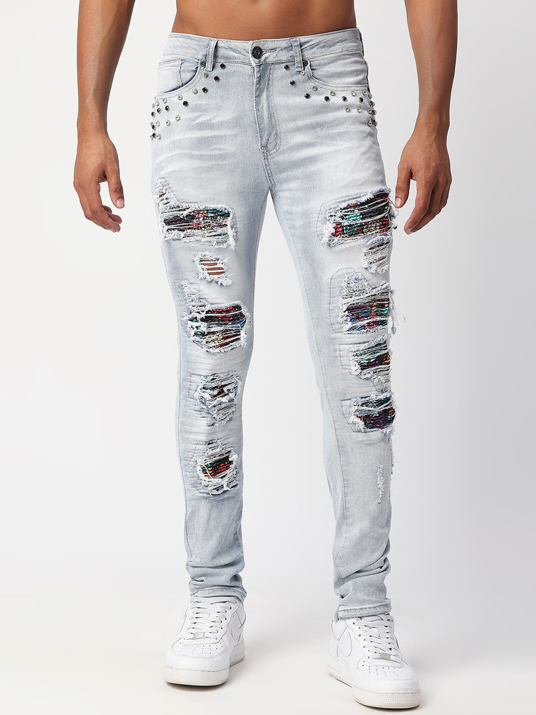 WAIMEA Men Highly Distressed Heavy Fade Bleached Slim Fit Stretchable Jeans