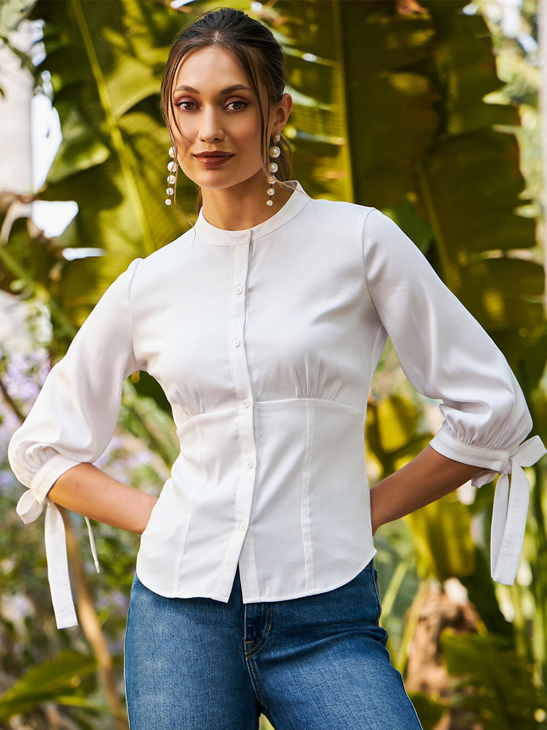 KASSUALLY Slim Fit Mandrain Collar Puffed Tie-Ups Sleeves Shirt Style Top