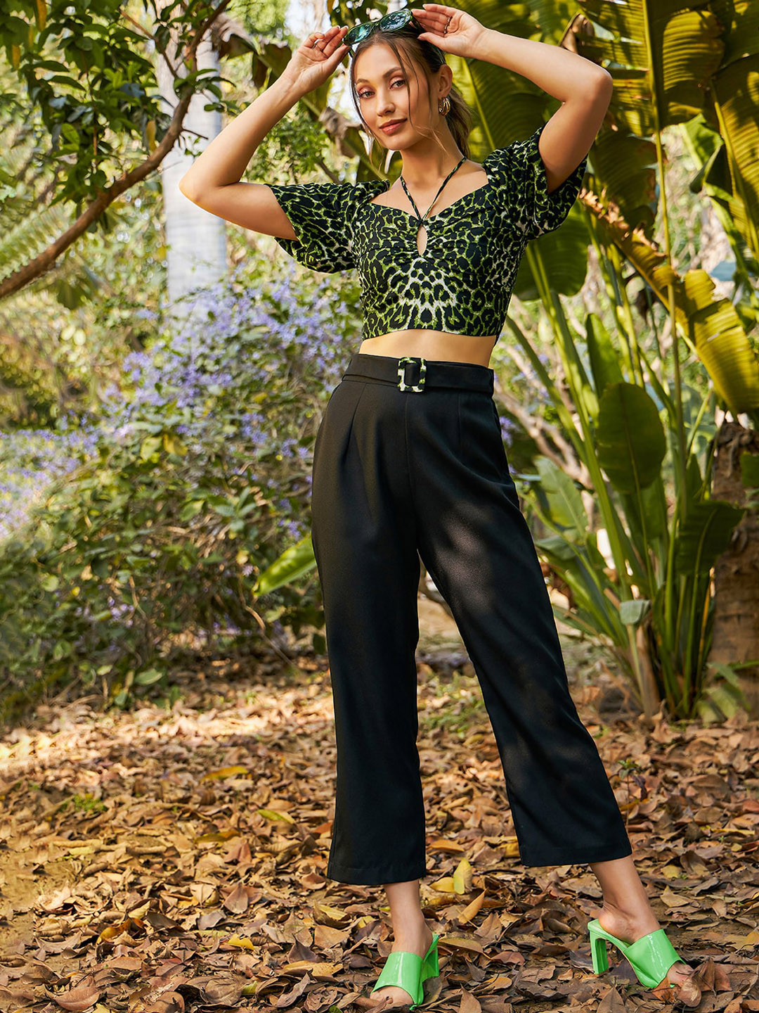 KASSUALLY Green & Black Printed Crop Top with Trousers Co-Ords