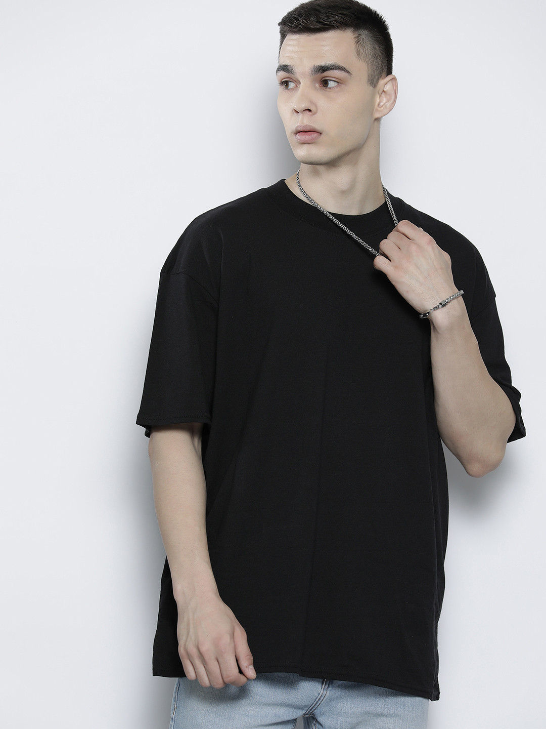 boohooMAN Men Black Printed Drop-Shoulder Sleeves Pure Cotton T-shirt