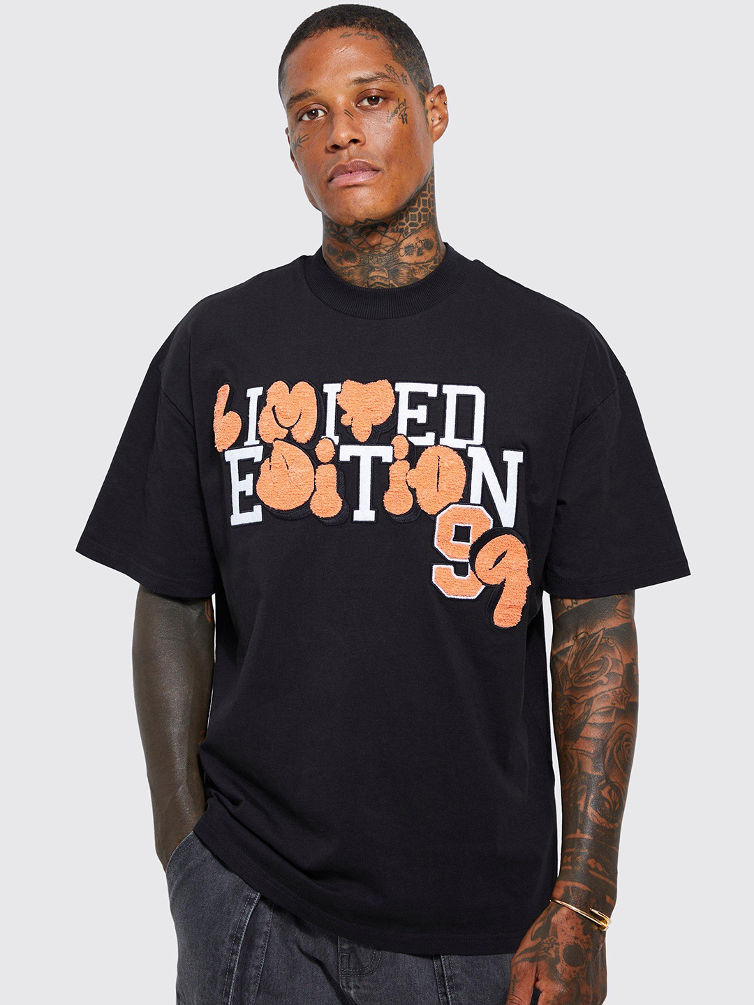 boohooMAN Drop-Shoulder Pure Cotton Limited Edition Puff Applique Oversized T-shirt