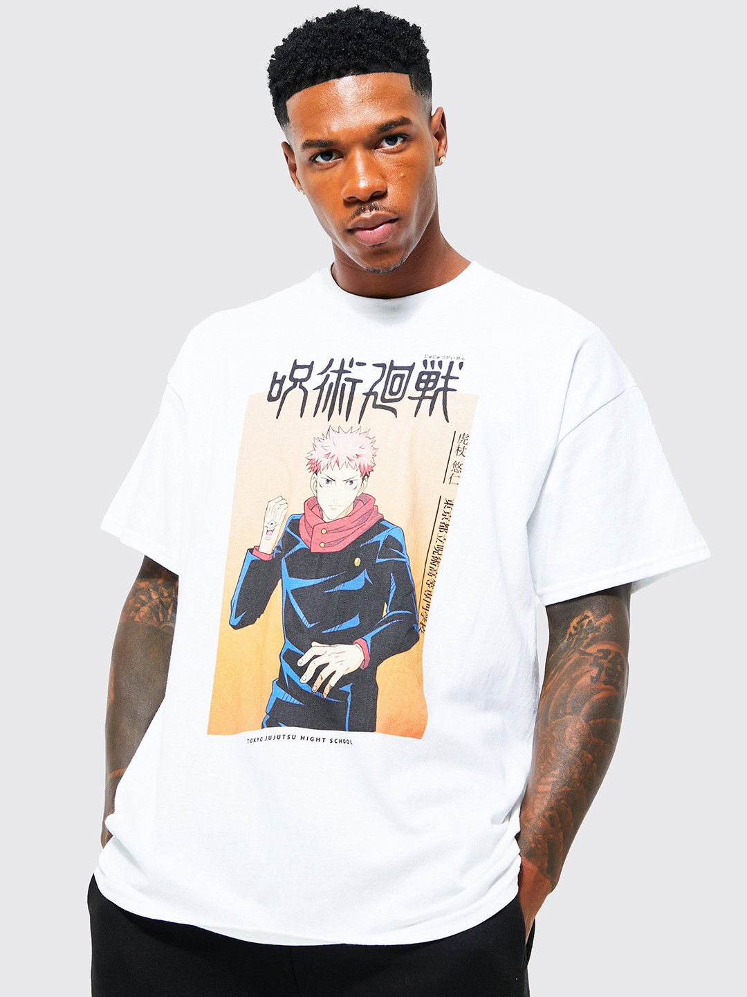 boohooMAN Oversized Drop-Shoulder Sleeves  Jujutsu Kaisen Print Pure Cotton T-shirt