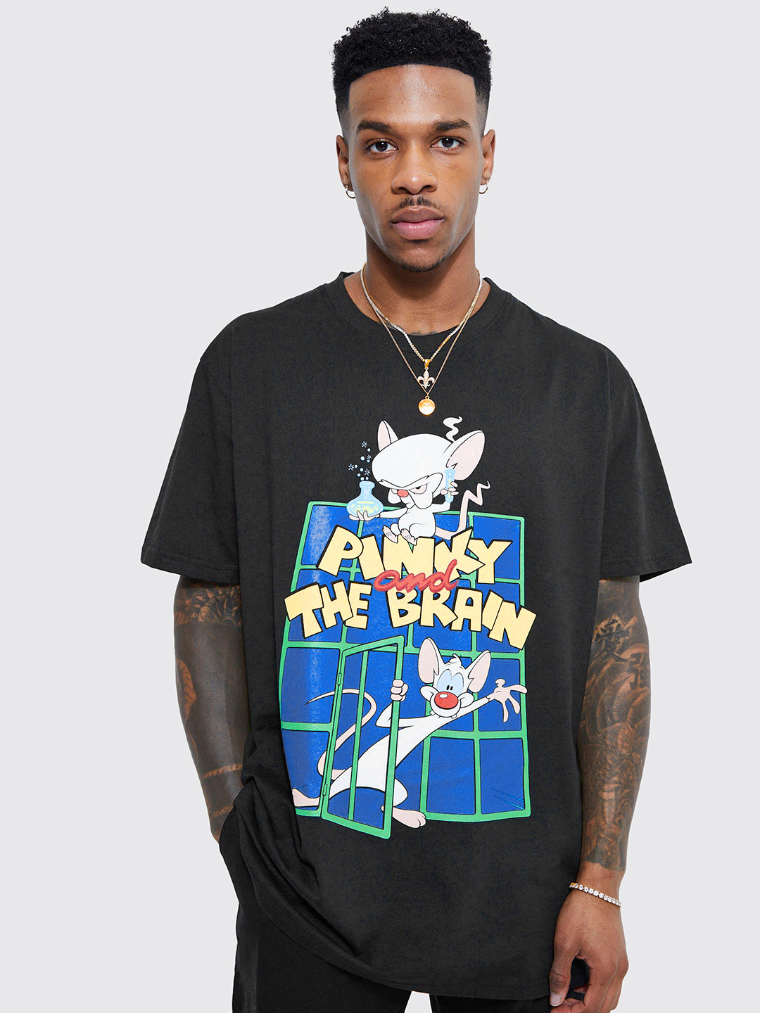 boohooMAN Oversized Pinky & The Brain Printed Pure Cotton T-shirt