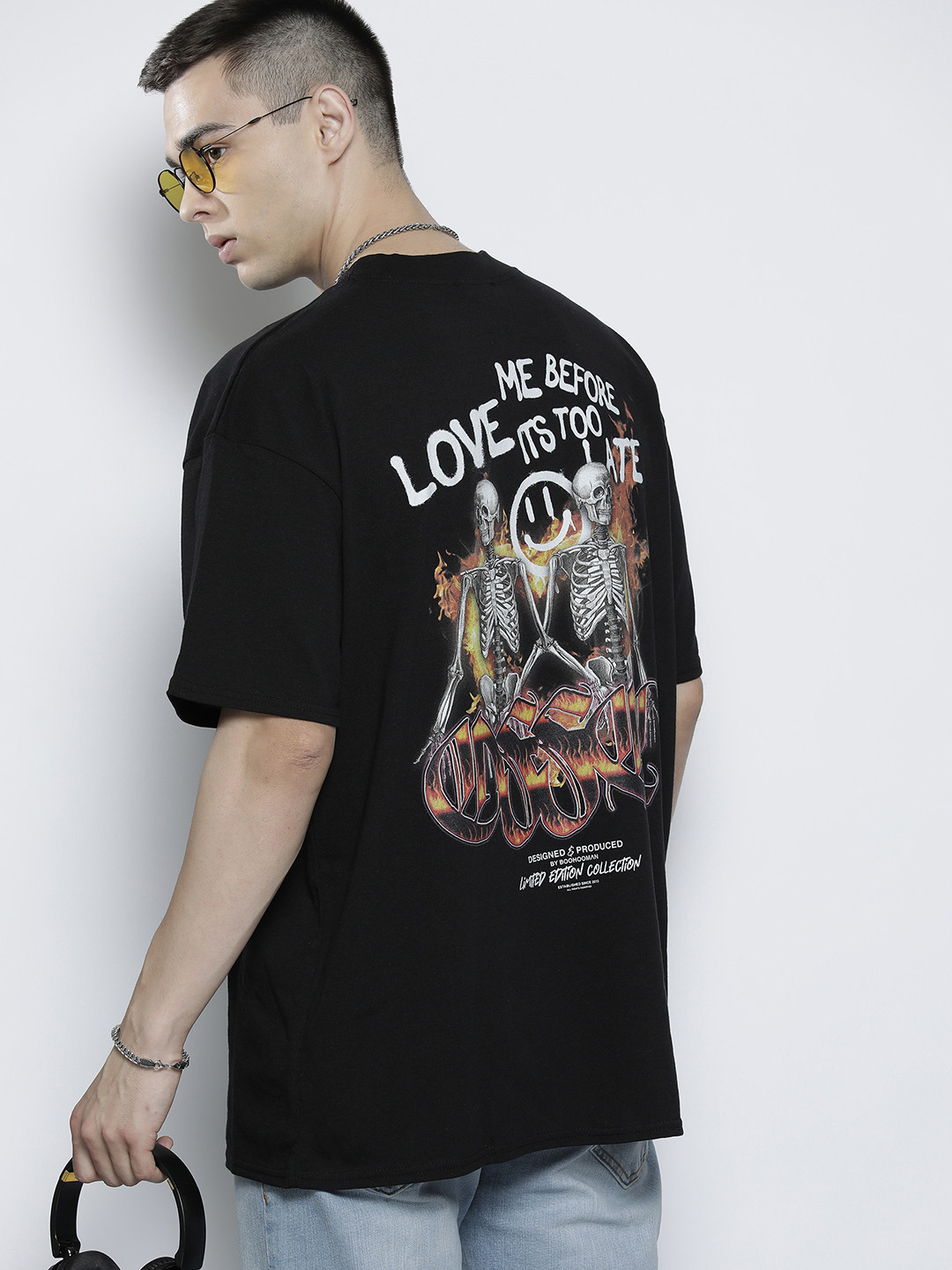 boohooMAN Men Black Printed Drop-Shoulder Sleeves Pure Cotton T-shirt