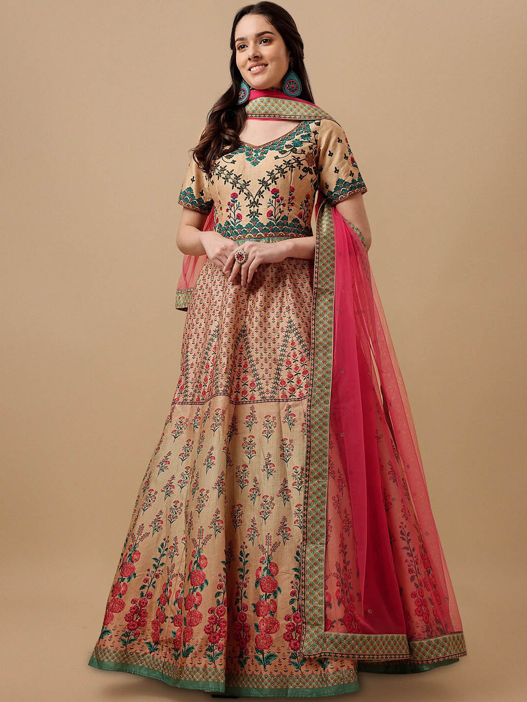 SAPTRANGI Ethnic Motif Embroidered Silk Ethnic Dress With Dupatta