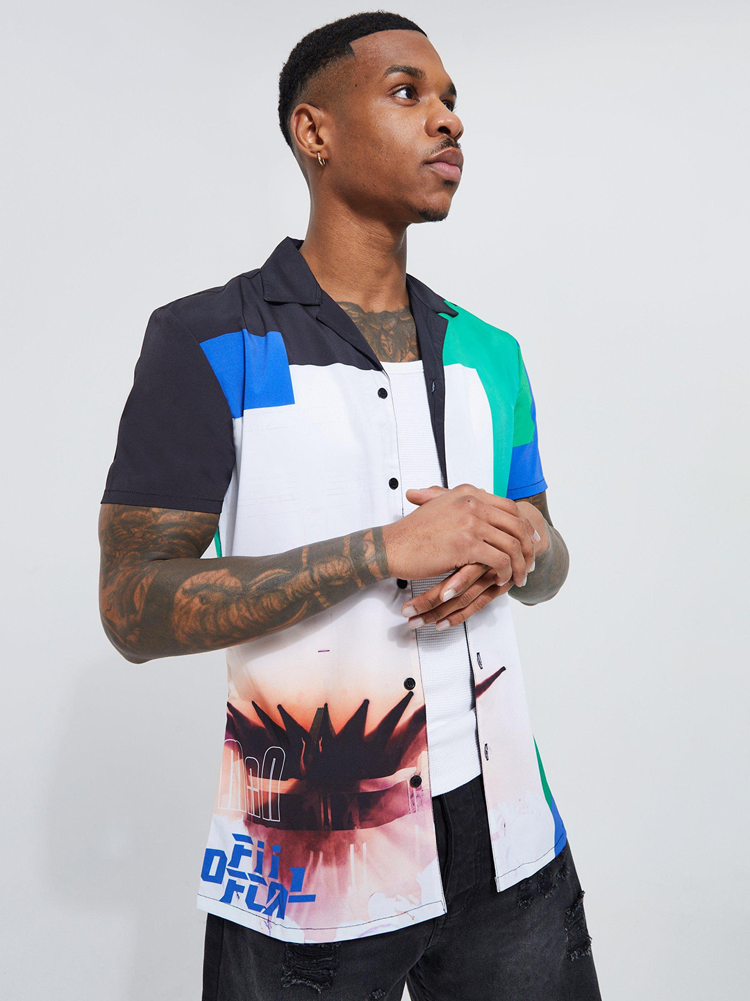 boohooMAN Muscle Fit Graphic Print Casual Shirt