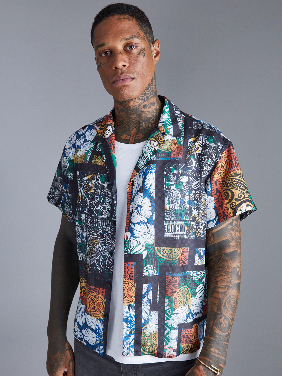 boohooMAN Boxy Mesh Printed Shirt