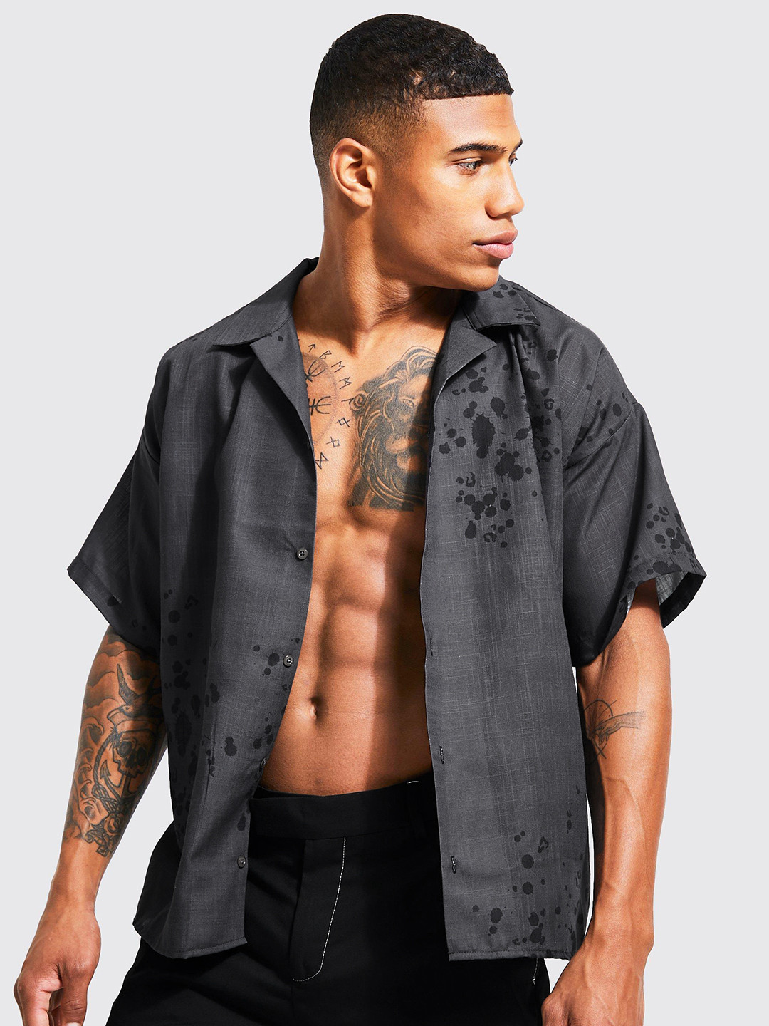 boohooMAN Short Sleeve Boxy Fit Paint Splatter Shirt