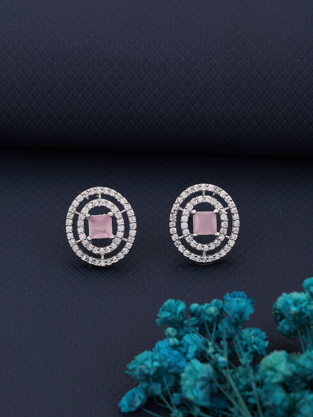 Vita Bella Silver-Plated American Diamond Studded Contemporary Studs Earrings