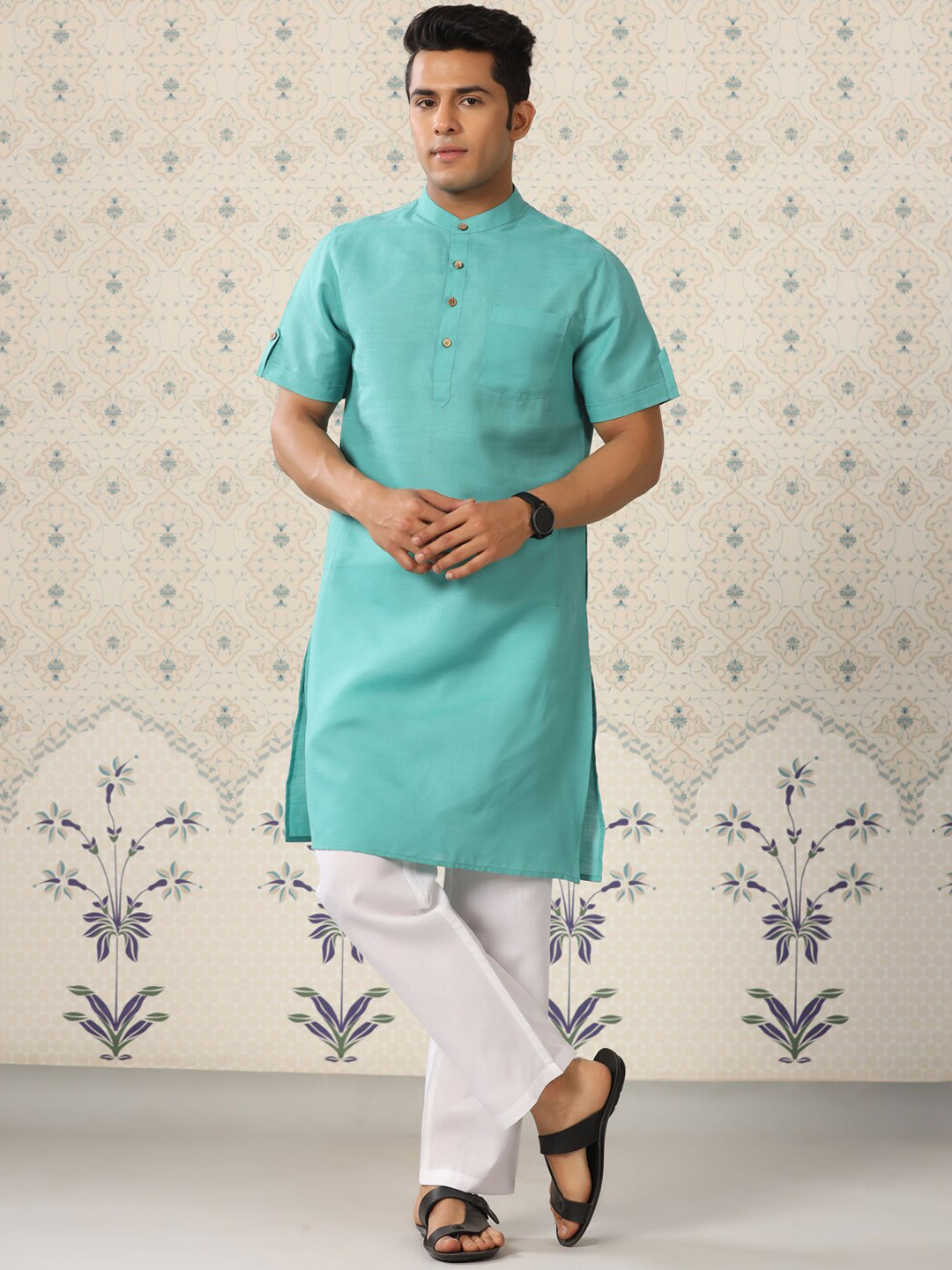 Ode by House of Pataudi Turquoise Blue & White  Band Collar Straight Kurta with Pyjamas