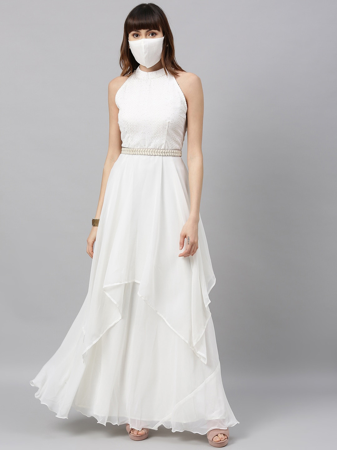 Ethnovog Round Neck Embroidered Sequins Georgette Maxi Dress With Mask