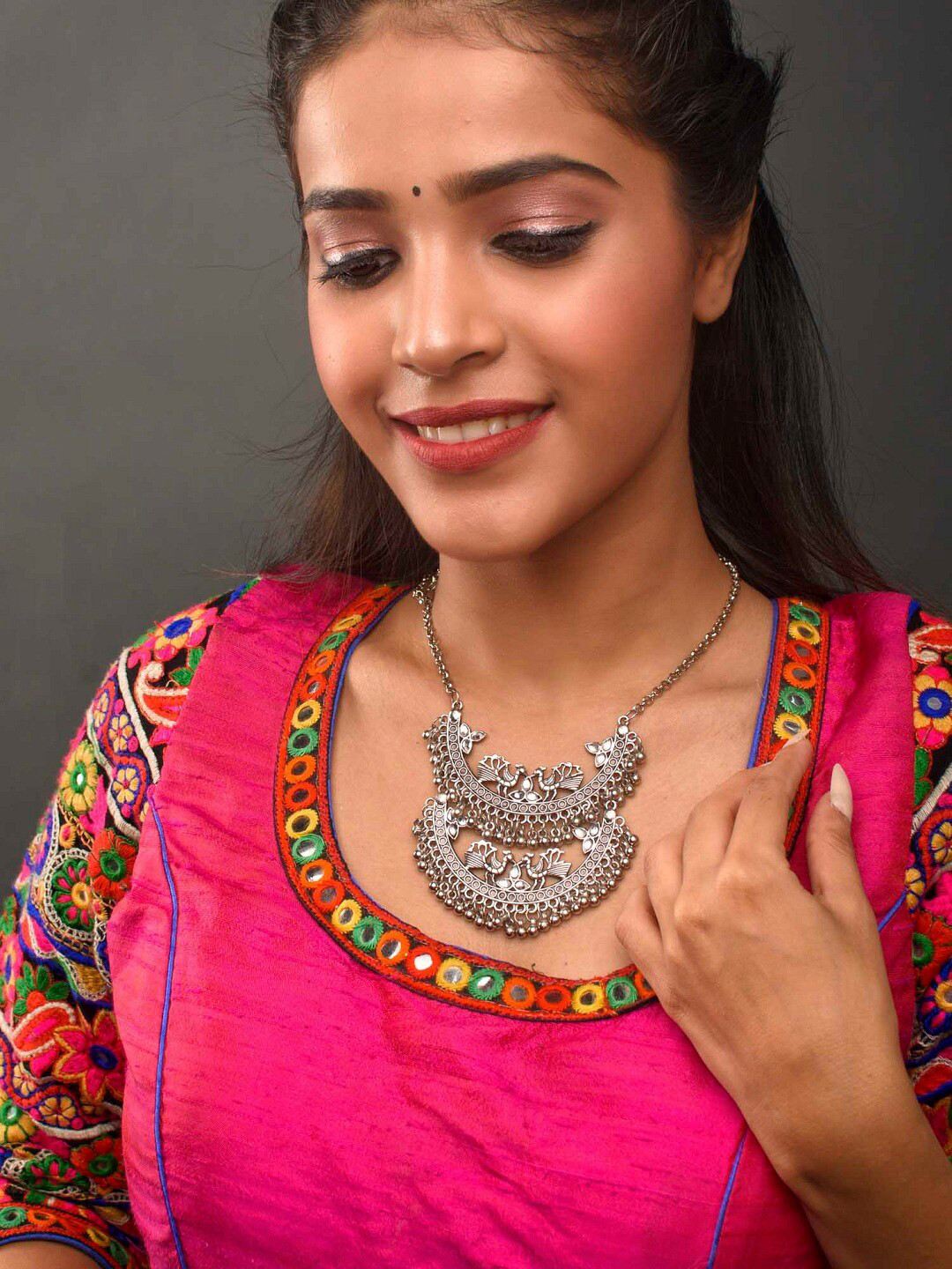 Fida Silver-Plated Crescent Shaped Stone Beaded Oxidised Necklace