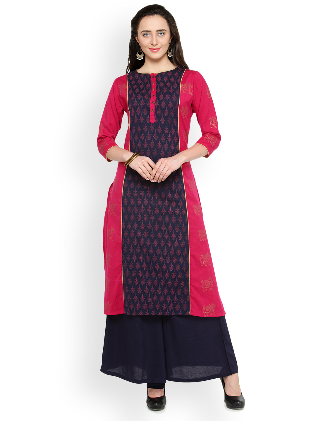 Bitterlime Women Pink & Navy Blue Block Print Straight Kurta