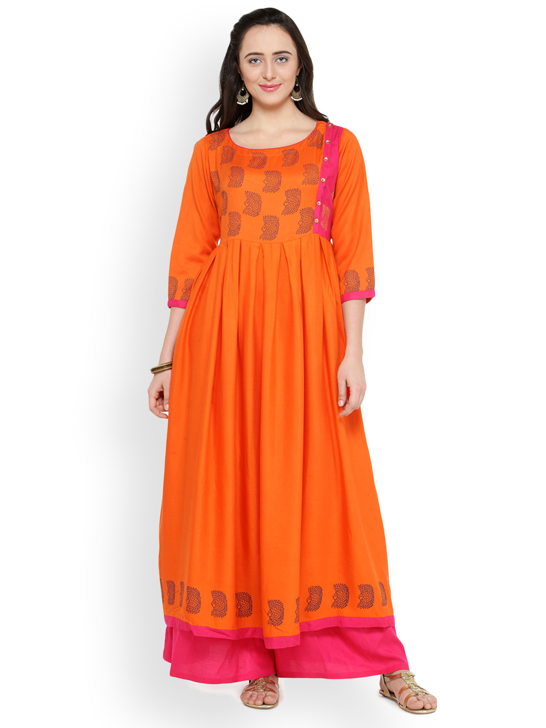 Bitterlime Women Orange Block Print A-Line Kurta