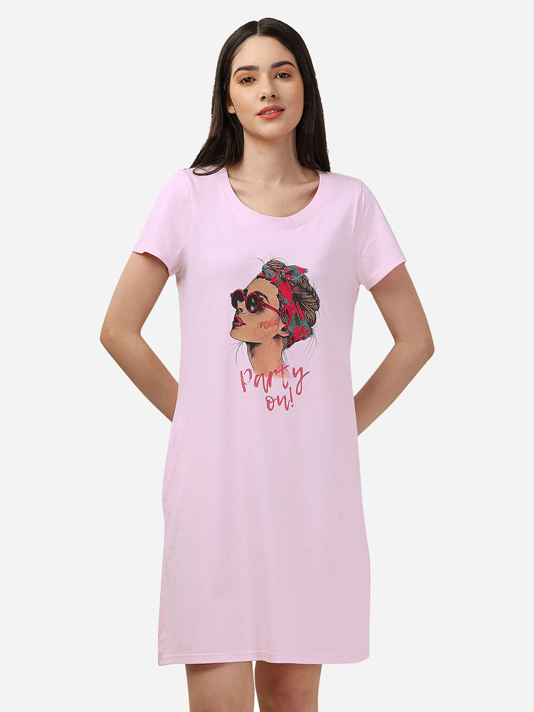 Soie Graphic Printed Knee Length Cotton Half Sleeve Nightdress