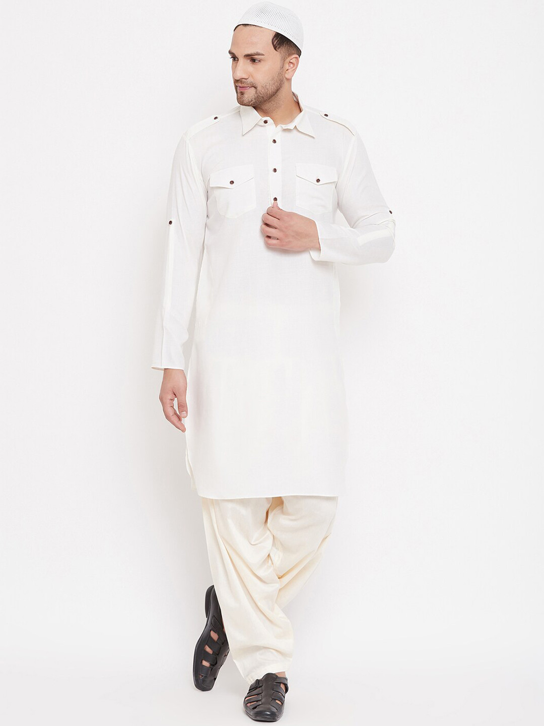 VASTRAMAY Shirt Collar Pathani Kurta & Pyjama With Cap