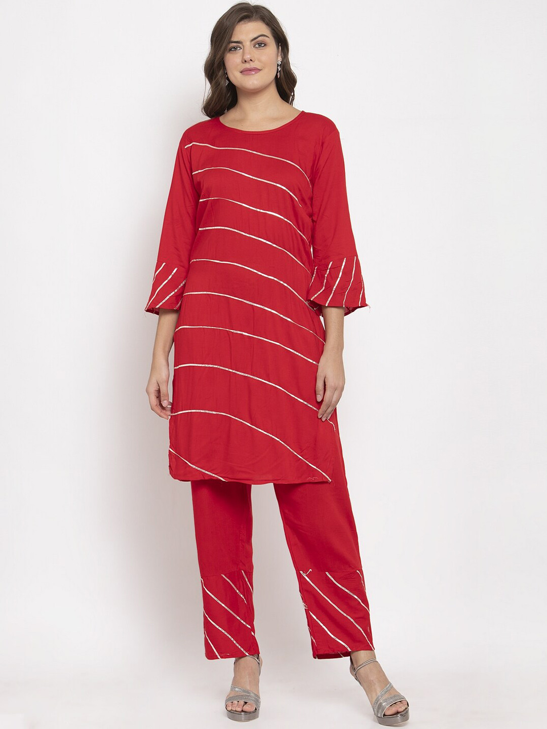 SOUNDARYA Striped Bell Sleeves Gotta Patti Pure Cotton Kurta With Trousers