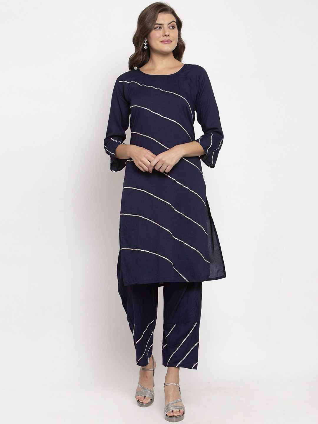 SOUNDARYA Striped Bell Sleeves Gotta Patti Pure Cotton Kurta With Trousers