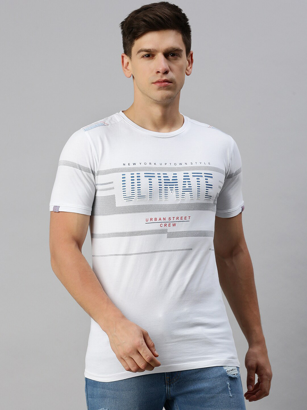 SHOWOFF  Striped And Typography Printed Casual Cotton T-shirt