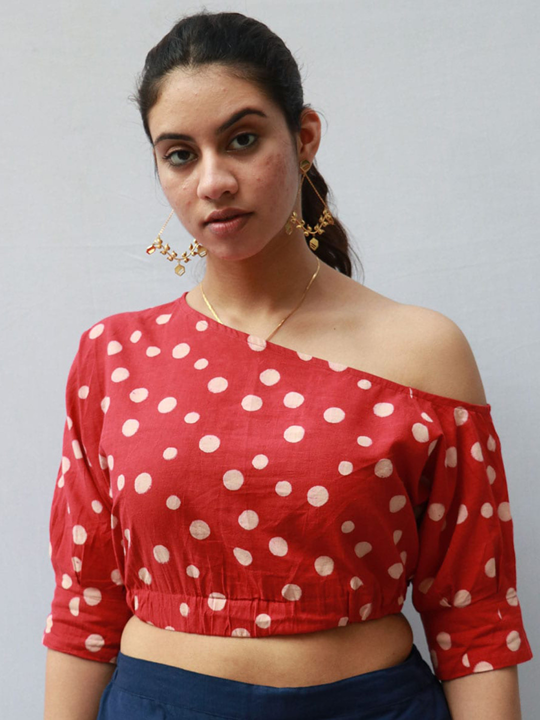 Chidiyaa Polka Dot Print One Shoulder Cotton Crop Top