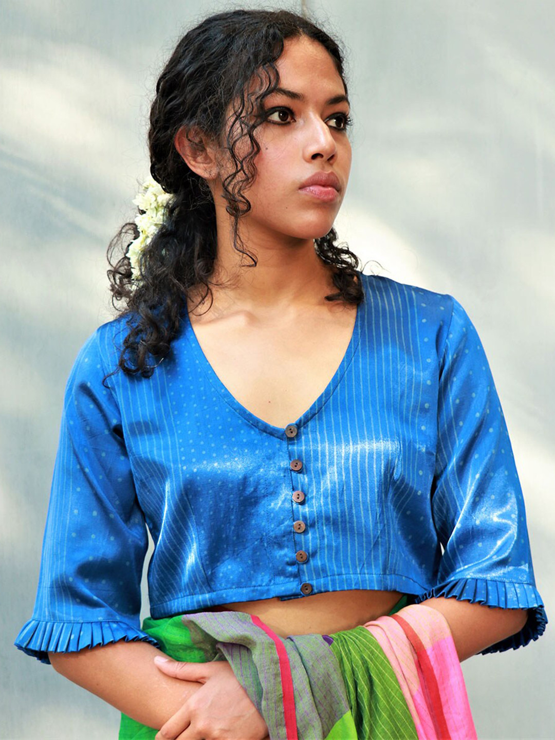 Chidiyaa Printed V-Neck Three-Quarter Sleeves Saree Blouse