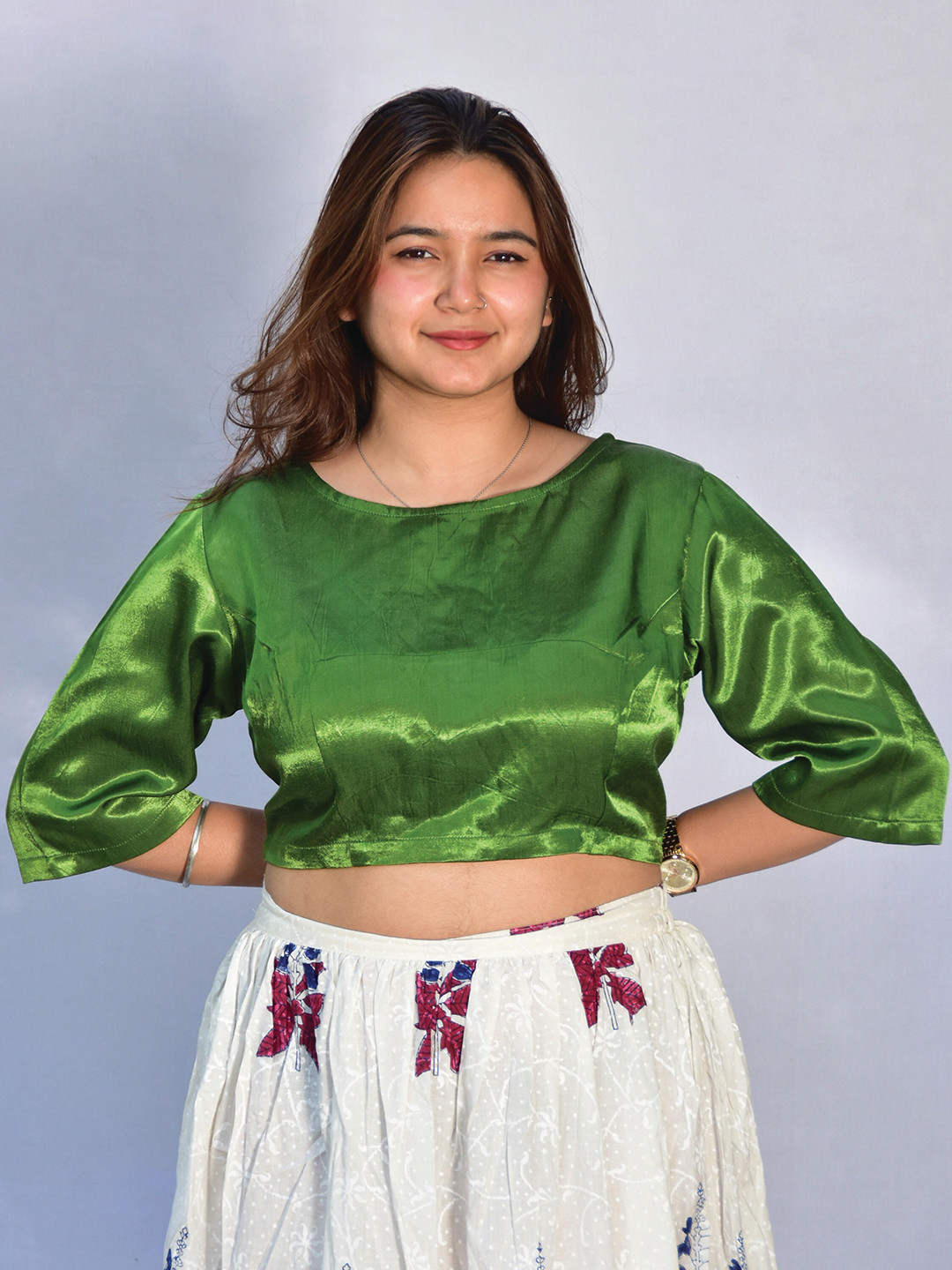 Chidiyaa Three-Quarter Sleeves Boat Neck Silk Saree Blouse