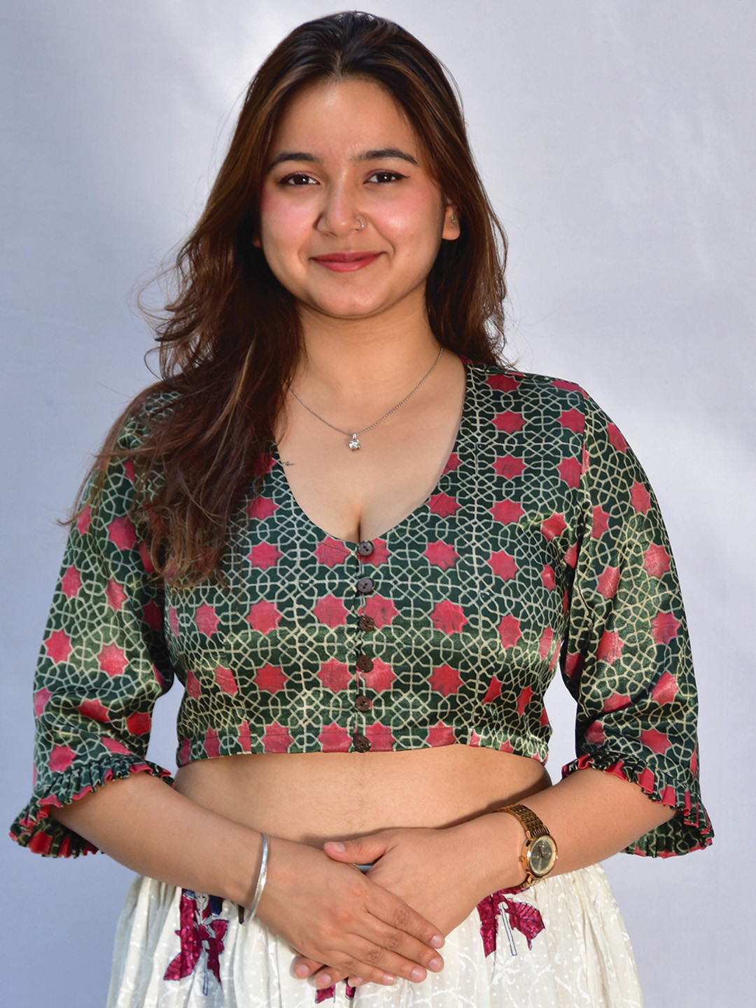 Chidiyaa Printed U-Neck Mashru Silk Saree Blouse