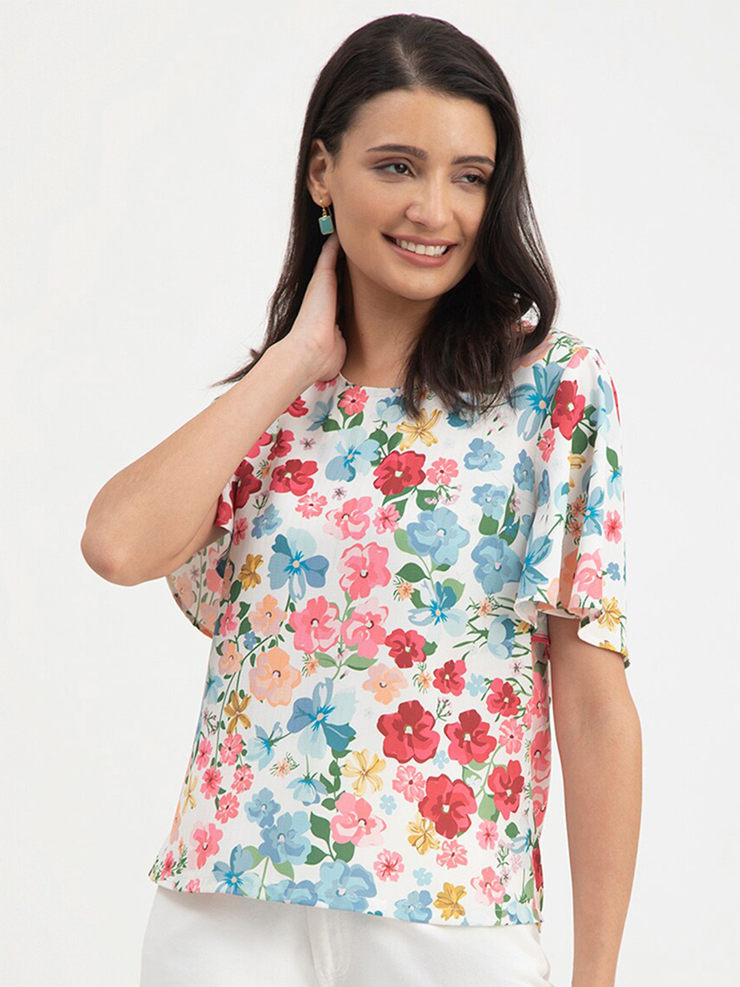 FableStreet Floral Print Flared Sleeves White Top