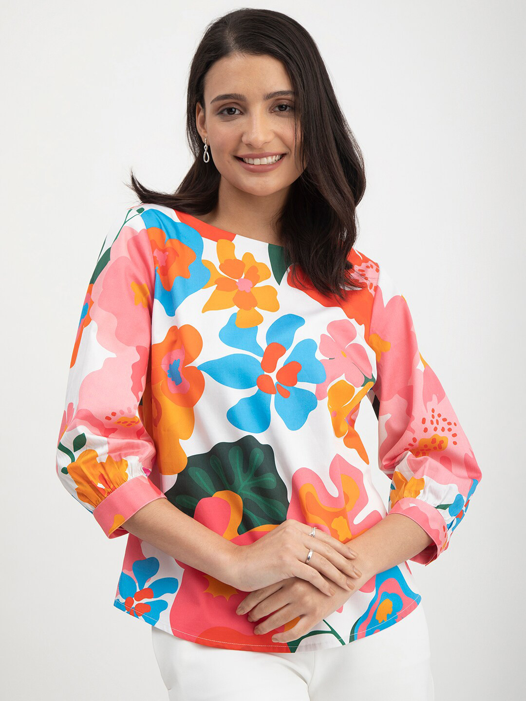 FableStreet Floral Print Boat Neck White Top
