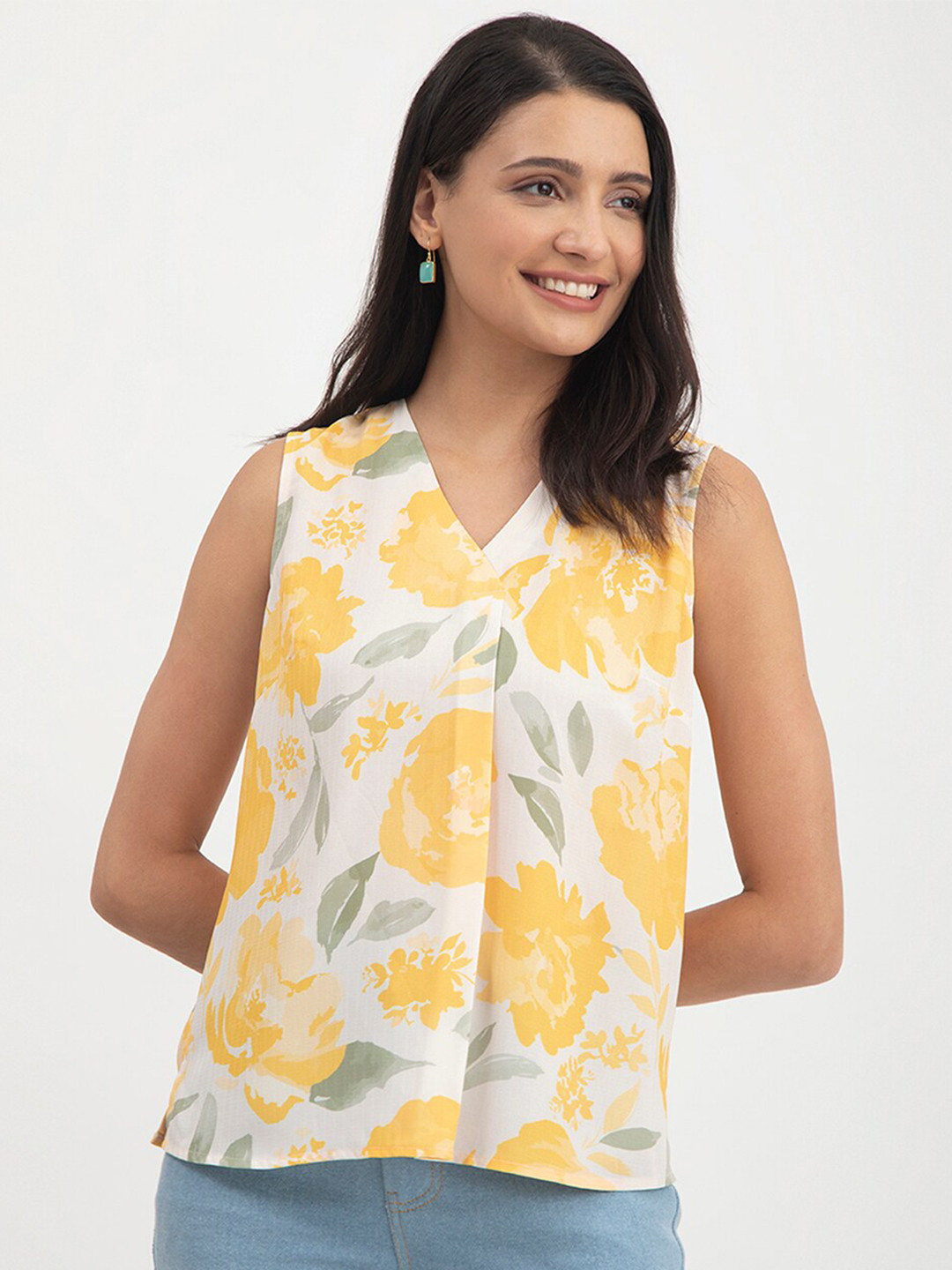 FableStreet Floral Print V-Neck White Top
