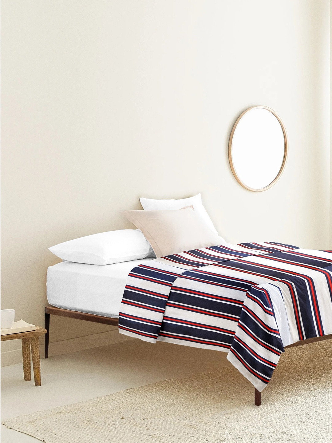 THE BABY ATELIER Kids White & Blue Striped Pure Organic Cotton Single Bed Cover