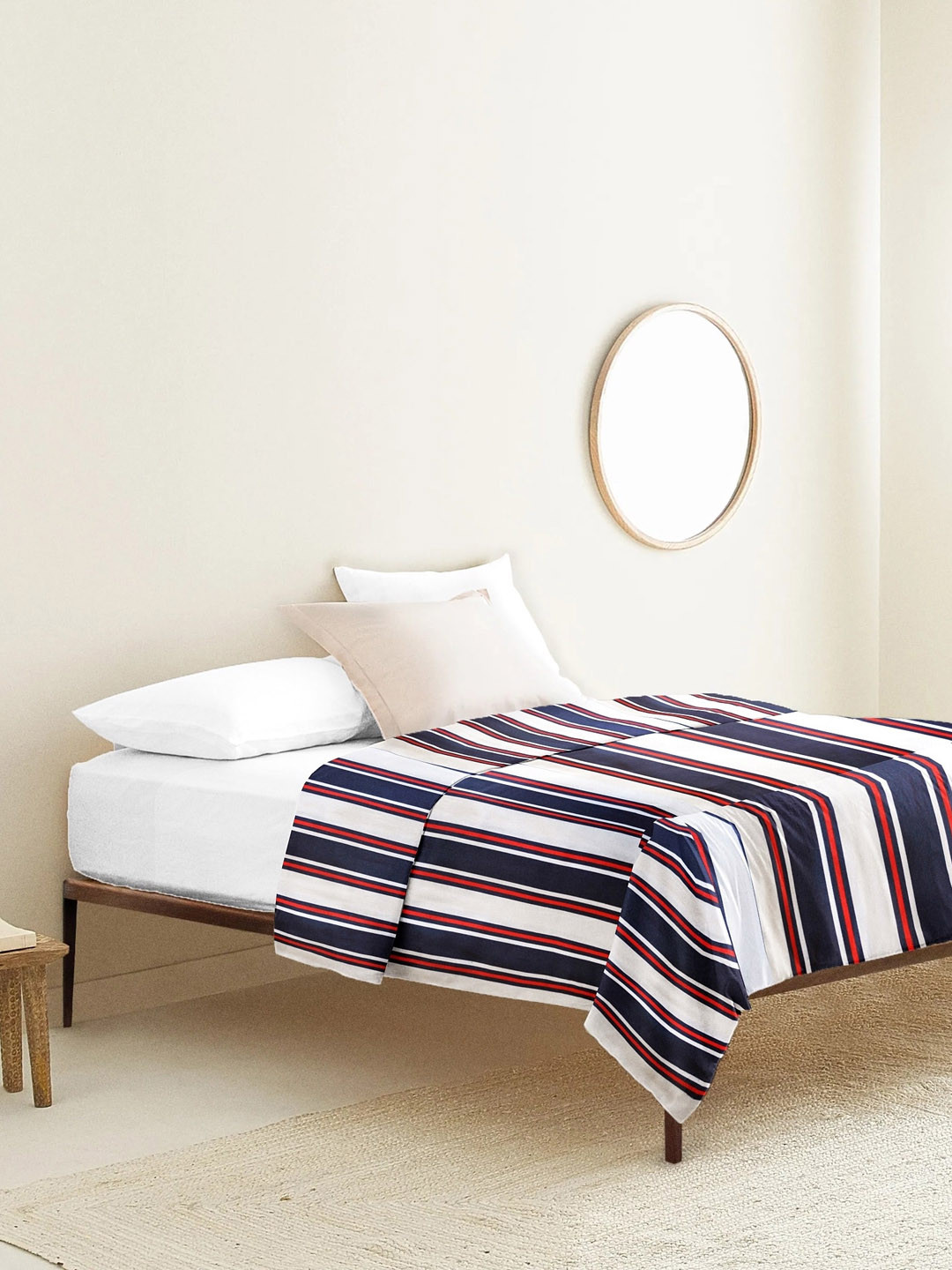 THE BABY ATELIER Kids White & Blue Striped Pure Organic Cotton Single Bed Cover