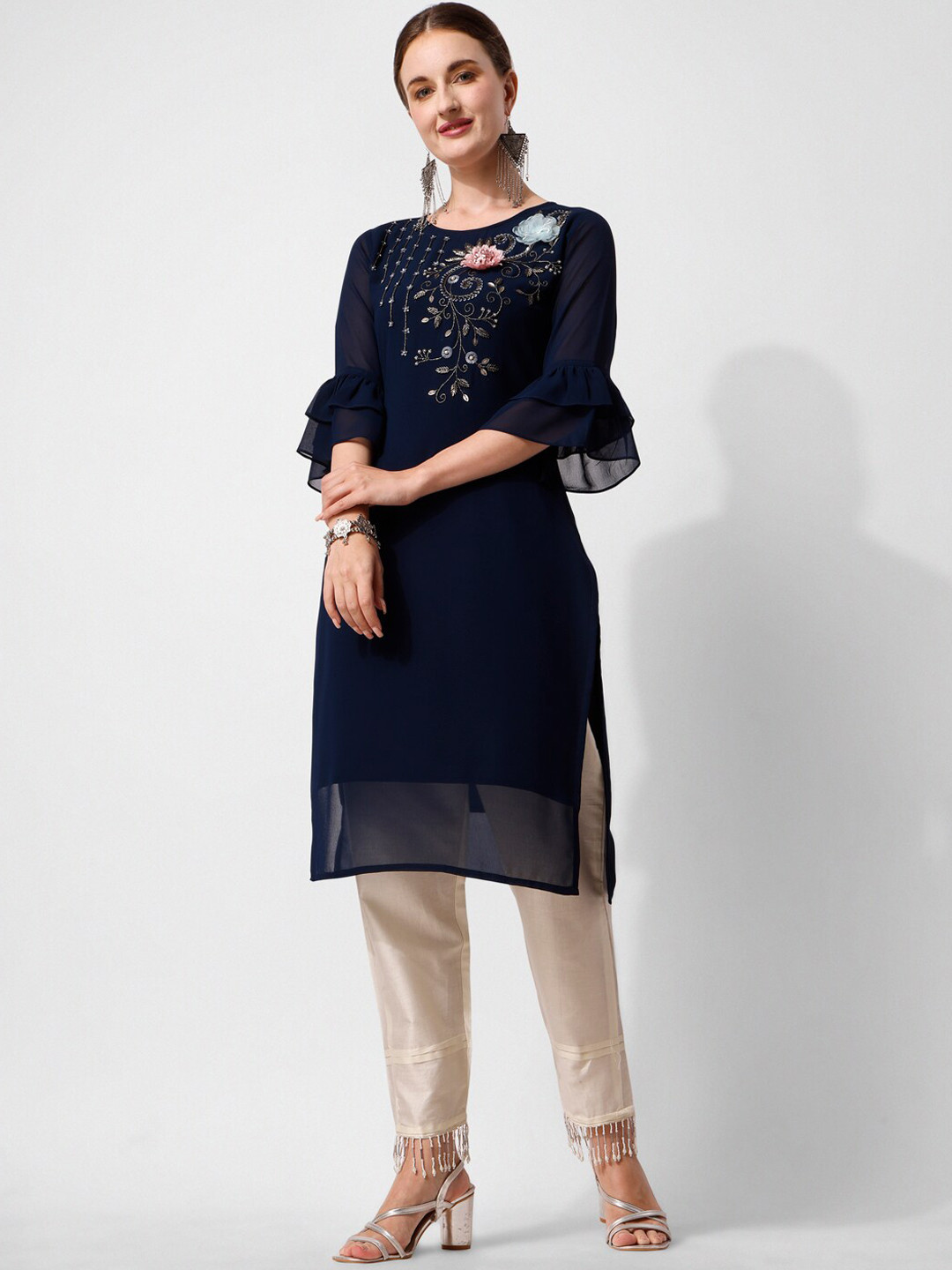 Berrylicious Yoke Design Bell Sleeves Beads and Stones Kurta with Trousers