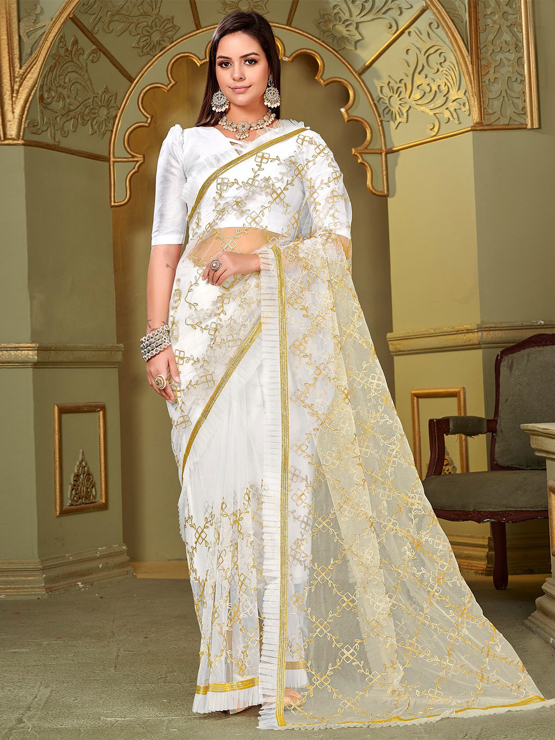 SARIYA Floral Embroidered Ruffled Net Saree