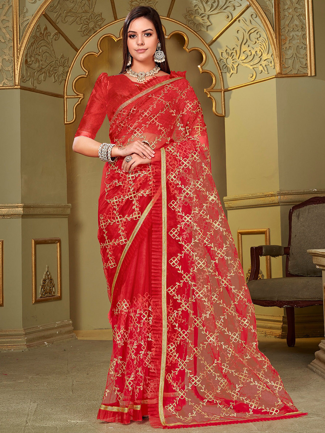 SARIYA Floral Embroidered Zari Net Saree