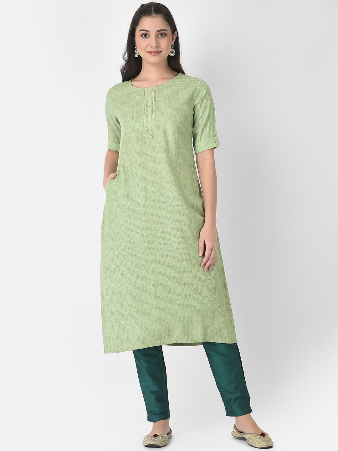 Span Striped Roll Up Sleeves Sequinned Kurta