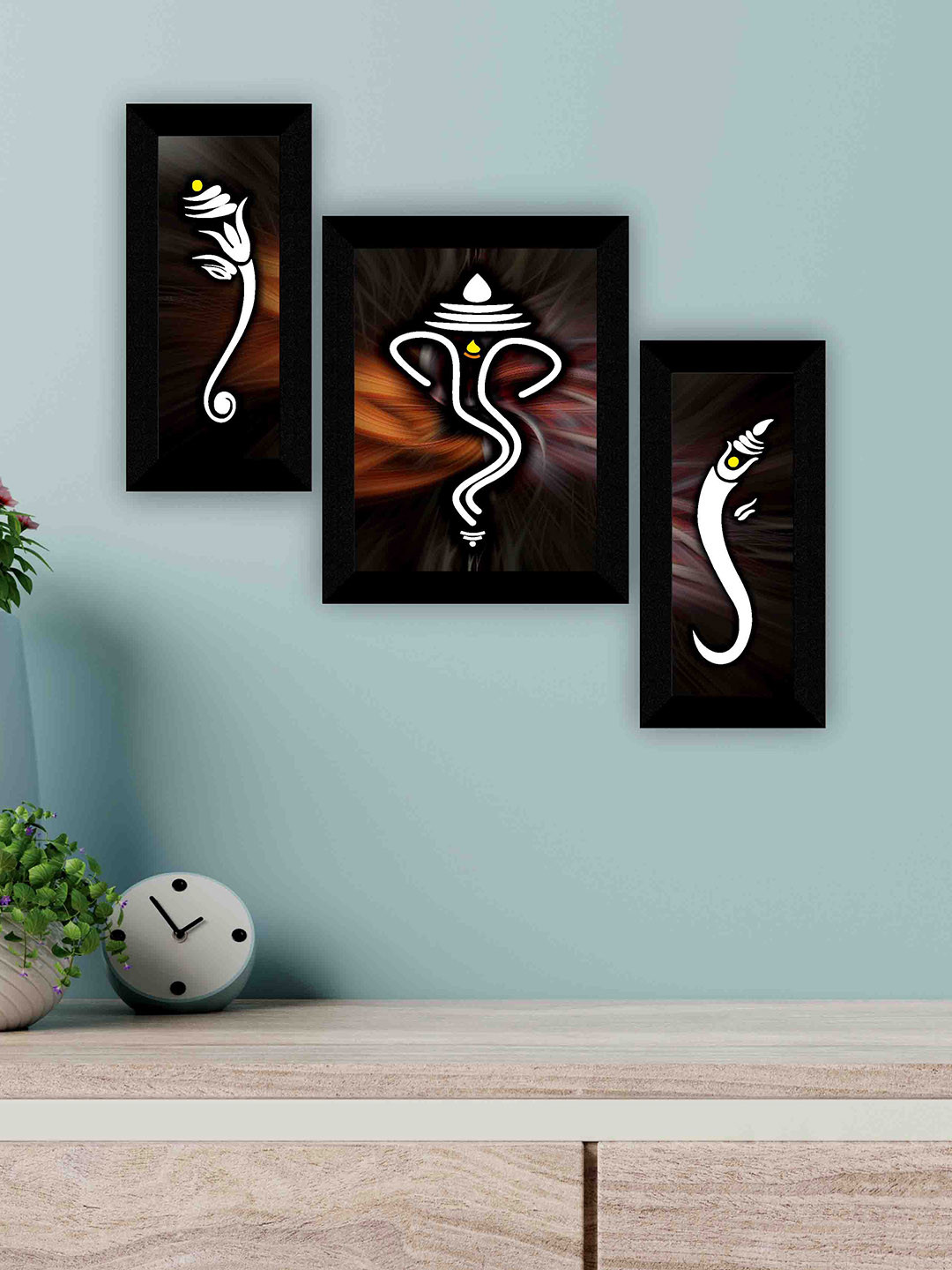 SAF Black & White 3 Pieces Ganesha Painting Wall Arts