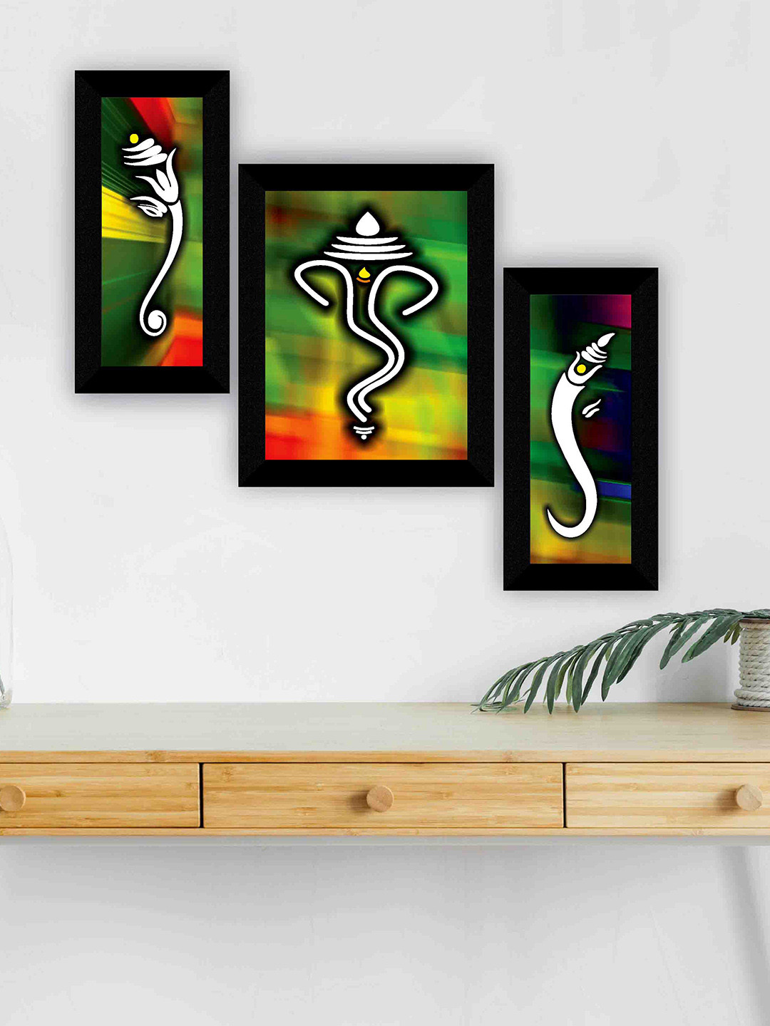 SAF 3 Pcs Green & Yellow Ganesha Painting Wall Art