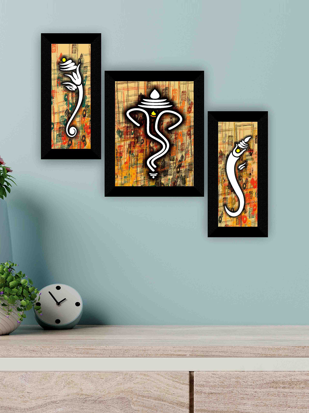 SAF Ganesha Wood 3 Piece Wall Rectangle Paintings Wall Art