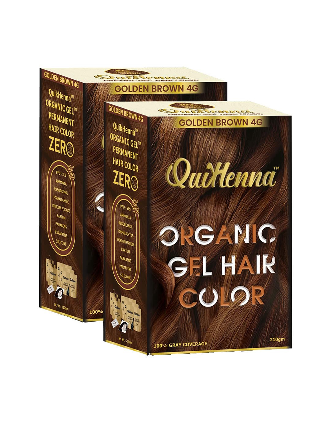 QUIKHENNA Set Of 2 Organic Gel Permanent Hair Colour 210g each - Golden Brown 4G