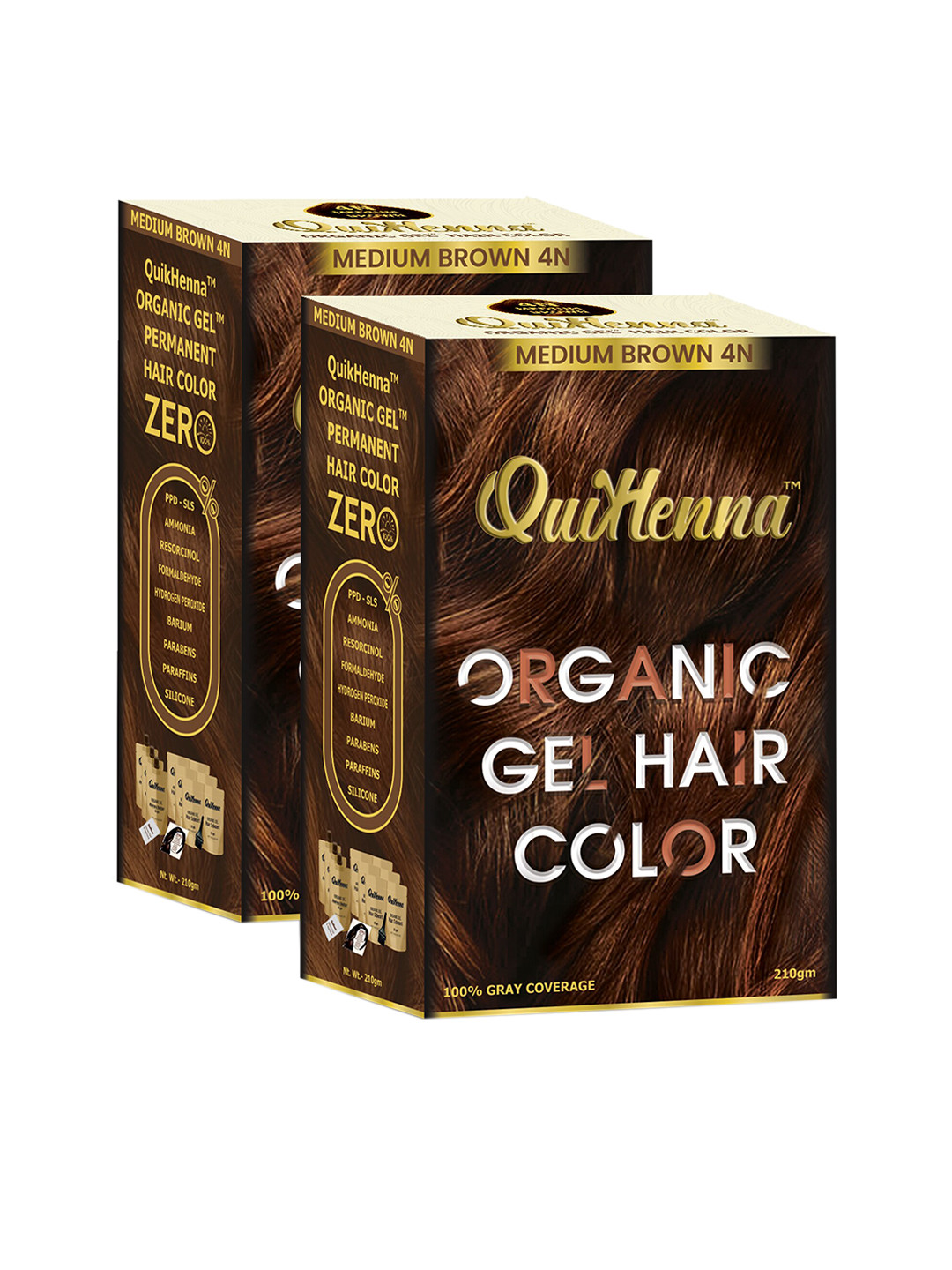 QUIKHENNA Set Of 2 Organic Gel Permanent Hair Colour 210g each - Medium Brown 4N