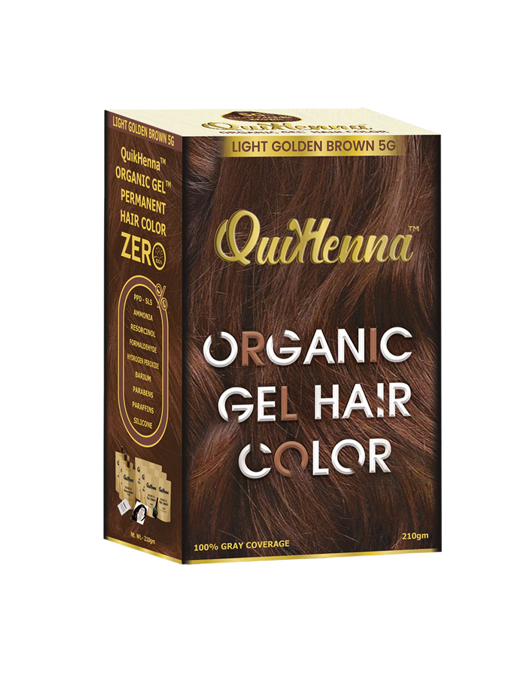 QUIKHENNA 100% Grey Coverage Organic Gel Hair Colour 210g- Light Golden Brown 5G
