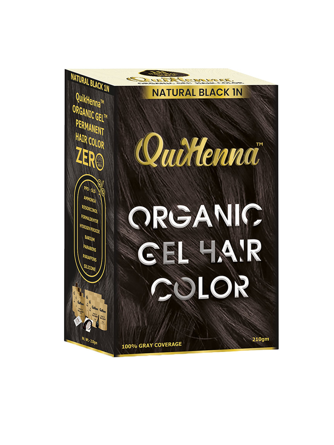 QUIKHENNA 100% Grey Coverage Organic Gel Hair Colour 210g - Natural Black 1N