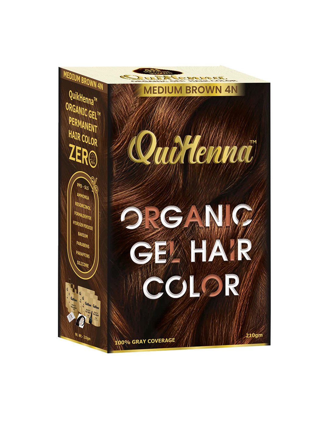 QUIKHENNA 100% Grey Coverage Organic Gel Hair Colour 210g- Medium Brown 4N