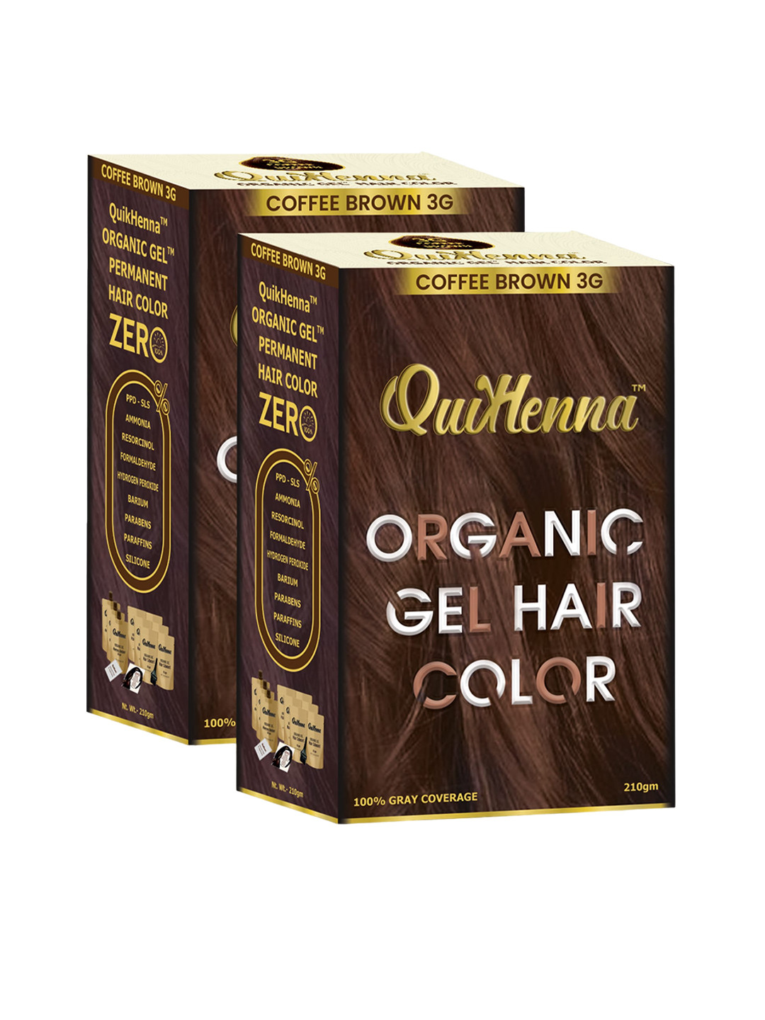 QUIKHENNA Set Of 2 Grey Coverage Organic Gel Hair Colour 210g Each - Coffee Brown 3G
