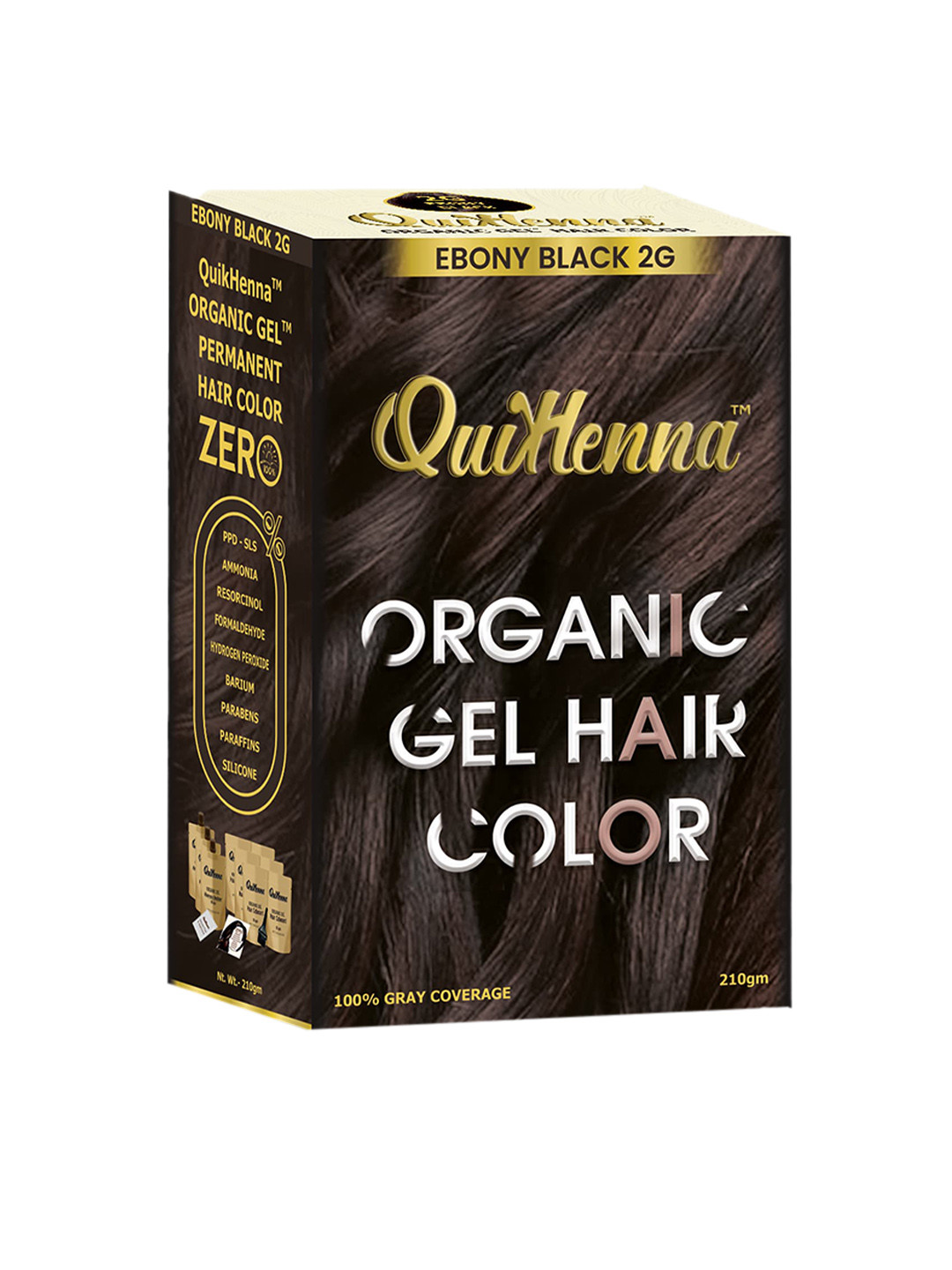 QUIKHENNA 100% Grey Coverage Organic Gel Hair Colour 210g- Ebony Black 2G
