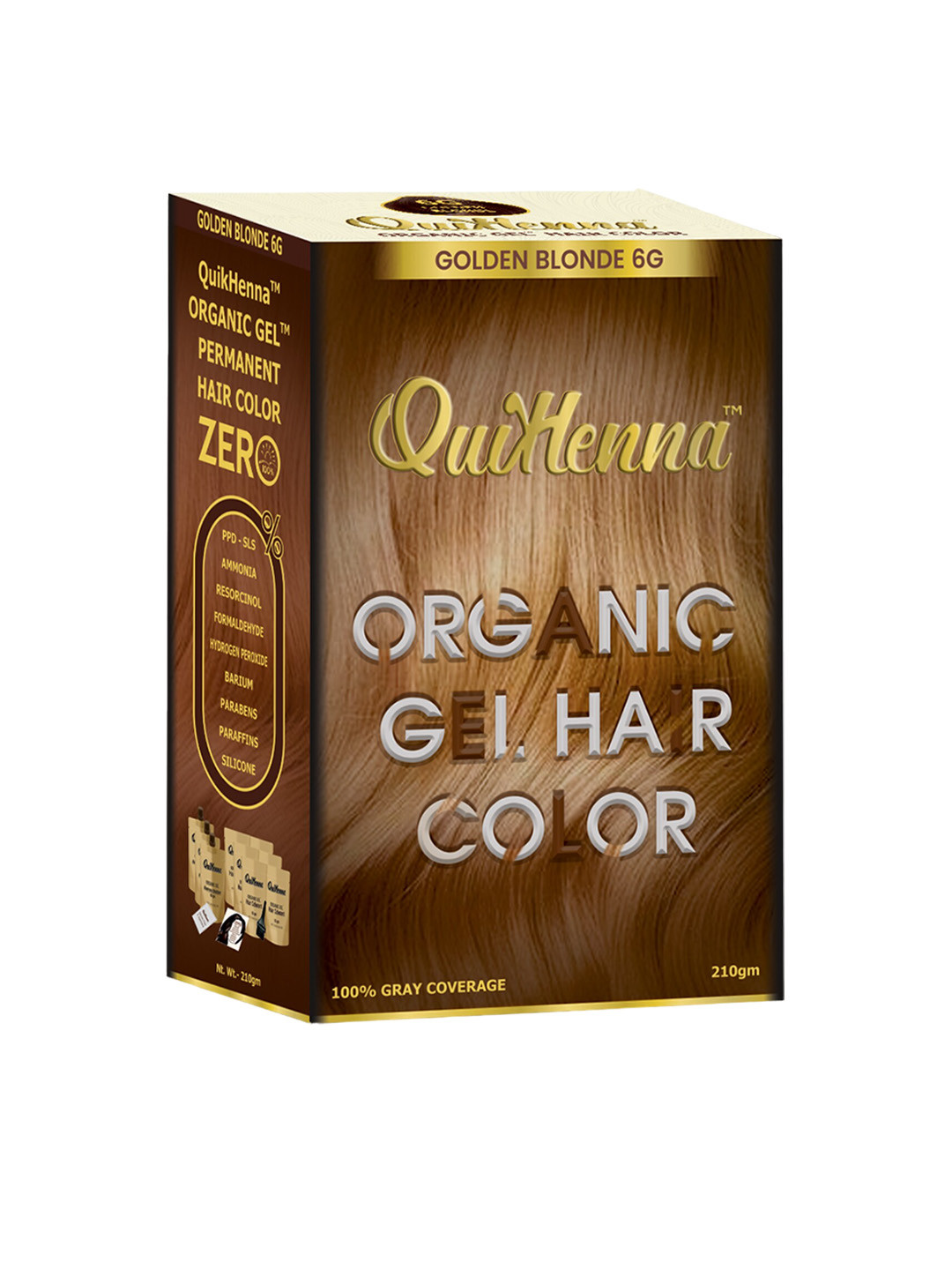 QUIKHENNA 100% Grey Coverage Organic Gel Hair Colour 210g- Golden Blonde 6G